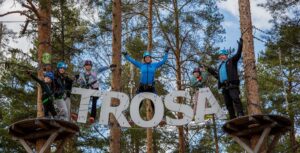 Vuxna och barn på platå uppe bland träd